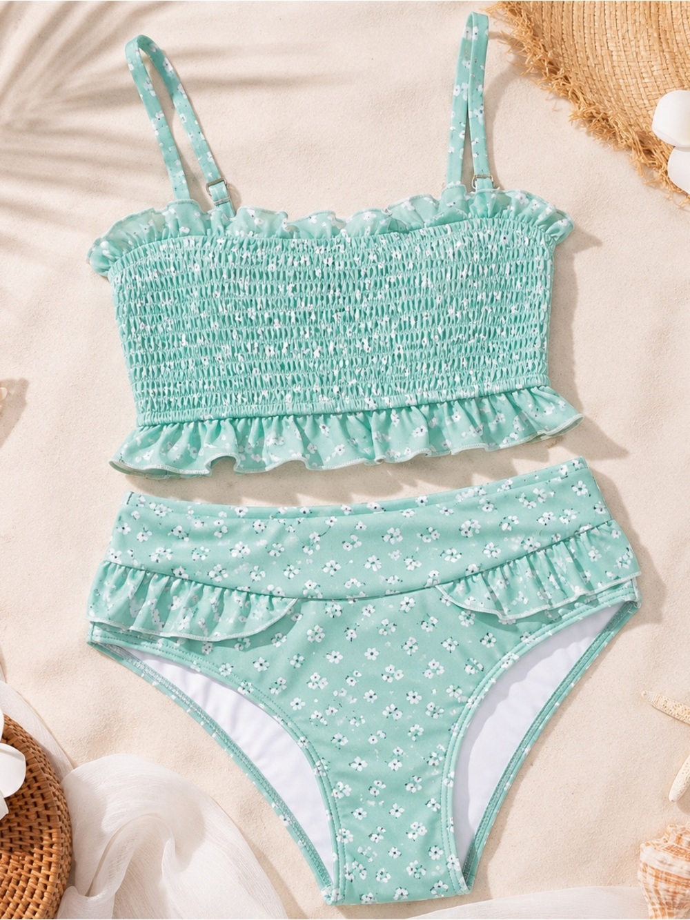 NWT Smocked High Waisted Bikini Set Small Mint Green Floral Ruffle Swimsuit